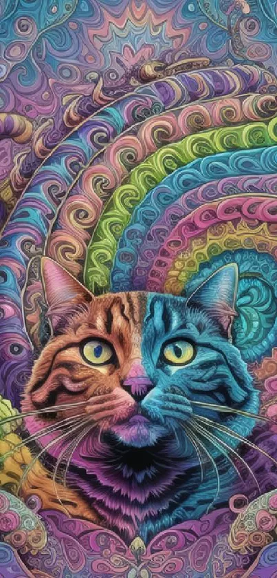 Vibrant psychedelic cat art with swirling colors and intricate patterns.