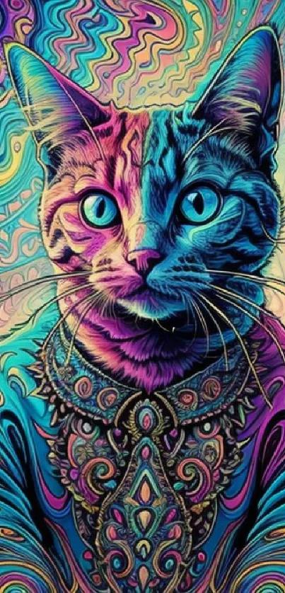 Vibrant psychedelic cat with neon patterns in colorful artistic design.