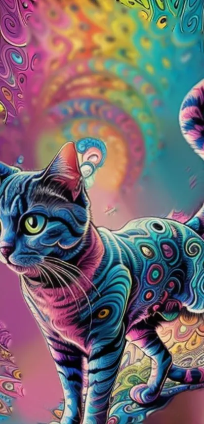 Psychedelic art cat with swirling rainbow colors.