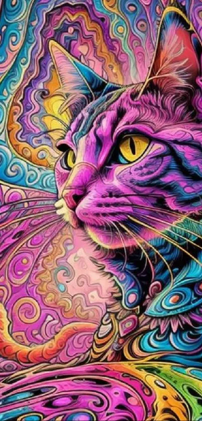 Psychedelic cat art with vibrant swirling colors in a mobile wallpaper.