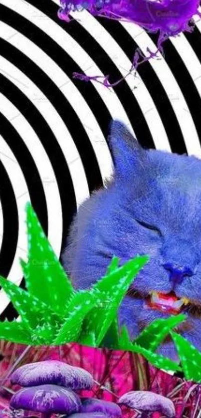 Psychedelic blue cat with geometric spirals and vibrant colors.