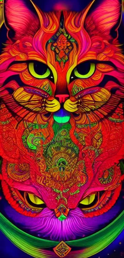 Vibrant psychedelic cat wallpaper with intricate neon designs and colors.