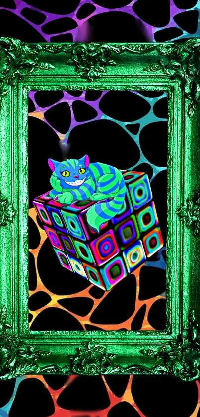 Psychedelic cat on cube in ornate green frame.