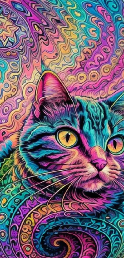 Colorful psychedelic cat with vibrant swirls.