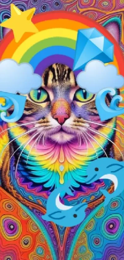 Psychedelic cat with rainbow and stars wallpaper.