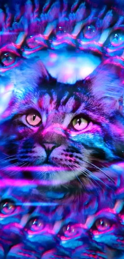 Hypnotic psychedelic cat in vibrant neon colors on mobile wallpaper.