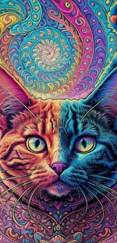 Psychedelic cat design with vibrant colors and intricate patterns.