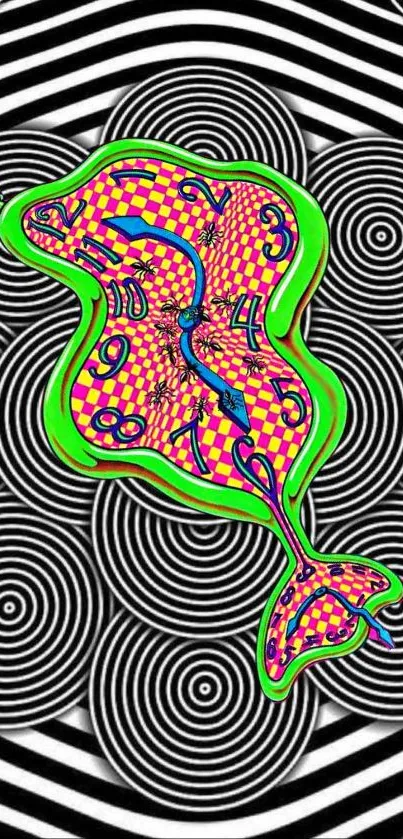 Psychedelic neon green and pink clock pattern wallpaper.