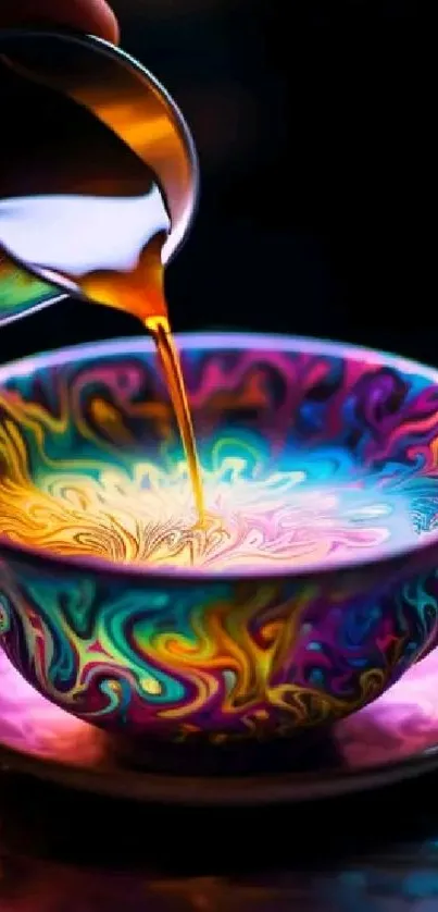 Psychedelic coffee art in vibrant colors fills a cup, perfect for a mobile wallpaper.