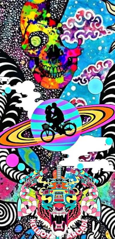 Psychedelic cosmic art with cycle silhouette and skull.