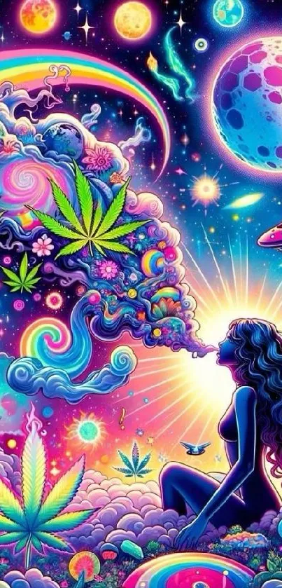 Psychedelic cosmic artwork with vibrant colors, planets, and a dreamy landscape.