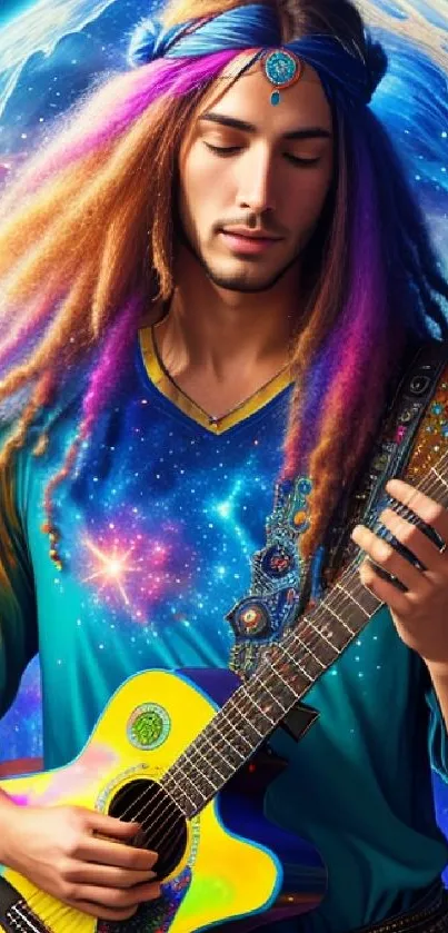 Cosmic guitarist with psychedelic colors in vibrant art style.