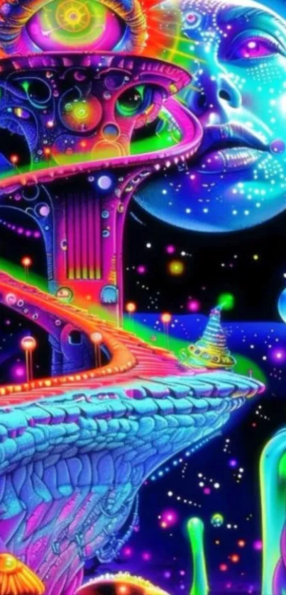 Psychedelic cosmic art with vibrant colors and surreal design.