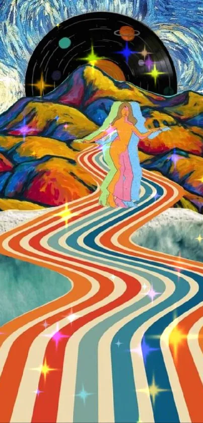 Psychedelic art with cosmic pathway and vibrant colors.