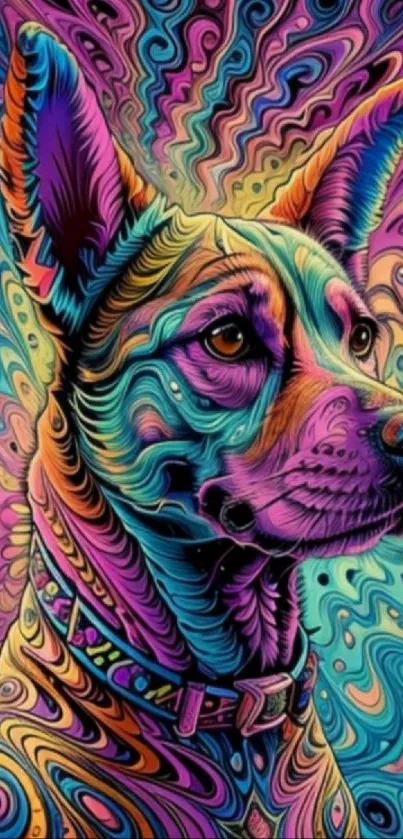 Psychedelic colorful dog with vibrant patterns.