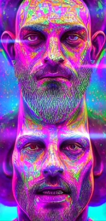 Psychedelic double face art with vibrant neon colors on a mobile wallpaper.