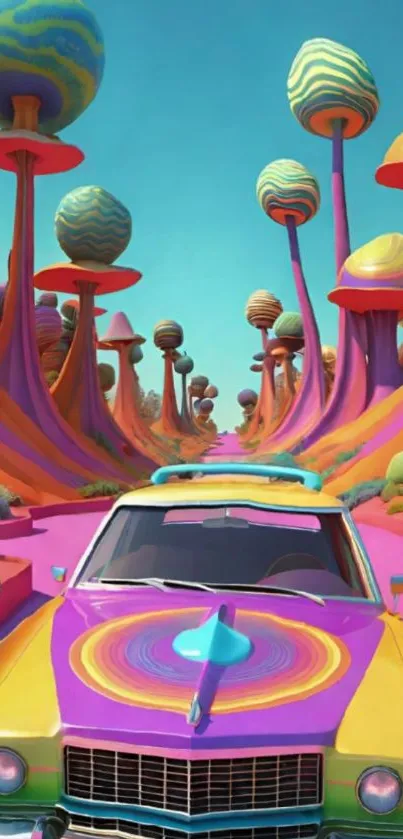 Psychedelic wallpaper with colorful car and surreal trees.