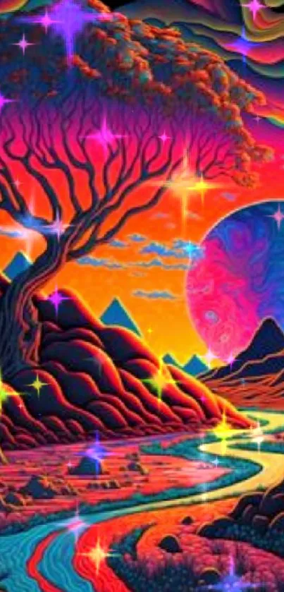Psychedelic scenery with tree, river, and planet in vibrant colors.