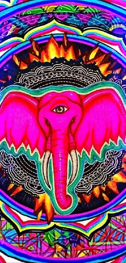 Psychedelic elephant with kaleidoscope colors.