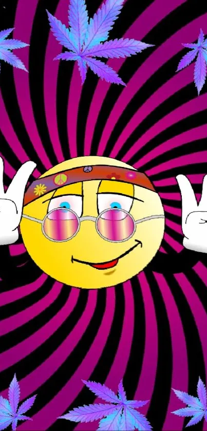 Psychedelic emoji with peace signs on a vibrant background.