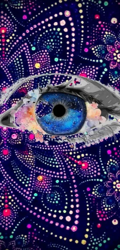 Vibrant eye with psychedelic patterns in a cosmic theme wallpaper.