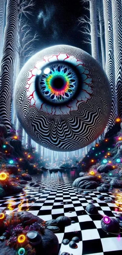 Psychedelic landscape with giant colorful eyeball and checkered path.