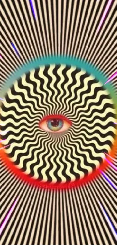 Psychedelic eye in a vibrant hypnotic pattern wallpaper.