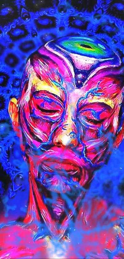 Psychedelic art with vibrant face and vivid blue background.