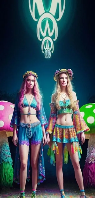 Mystical fairies with glowing mushrooms in a vibrant fantasy setting.