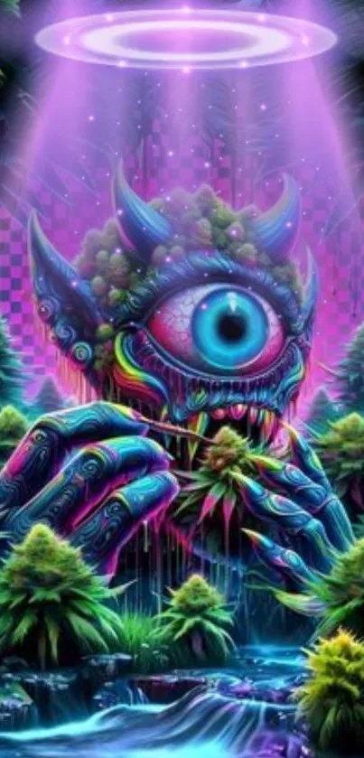 Colorful fantasy monster with one eye amidst a psychedelic forest.