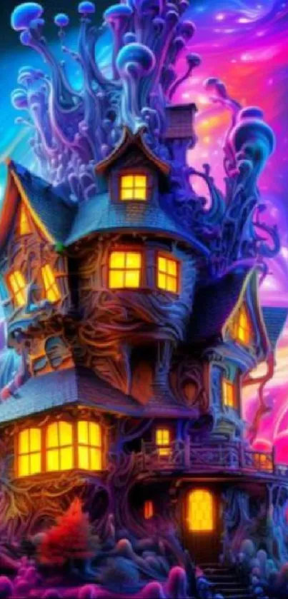 Psychedelic fantasy house with neon colors and swirling backgrounds.