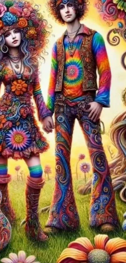 Vibrant psychedelic art with flowers and groovy fashion.