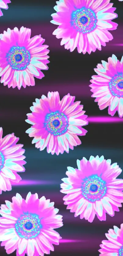 Vibrant psychedelic floral pattern with neon pink and blue hues on black background.