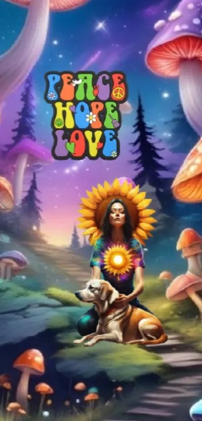 Psychedelic forest scene with mushrooms and peace sign.