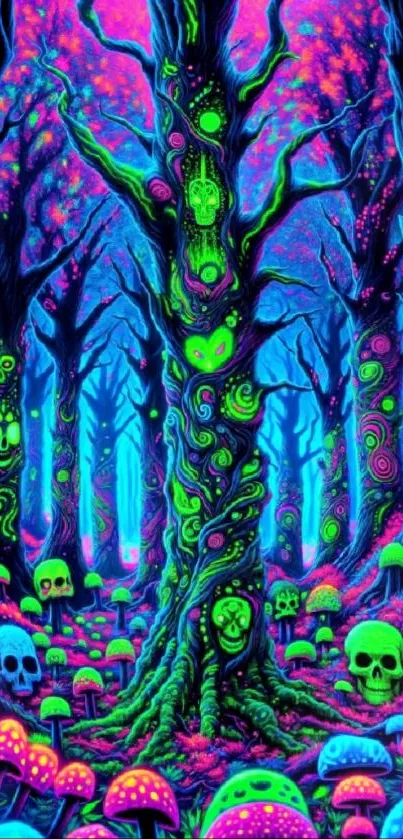 Psychedelic wallpaper with neon skulls and mushrooms in a vivid, colorful forest.