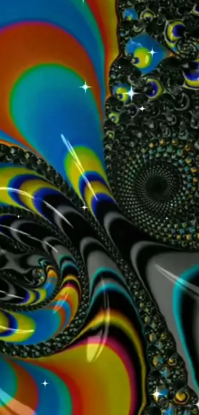 Colorful psychedelic fractal art with black, blue, and orange swirls.