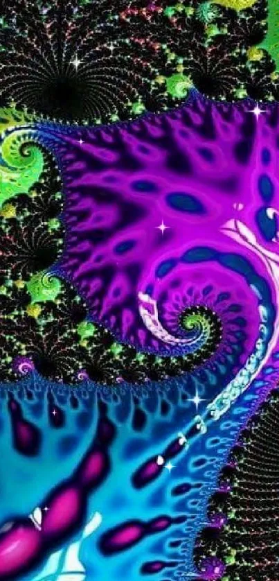 Psychedelic fractal wallpaper with vibrant colors and intricate patterns.