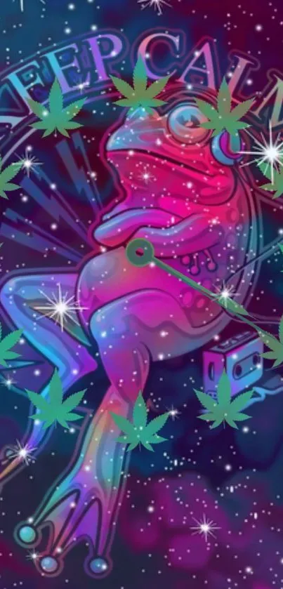 Colorful psychedelic frog with cannabis leaves.