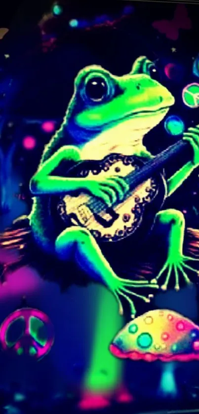 Psychedelic art of a frog with a guitar amongst colorful mushrooms.