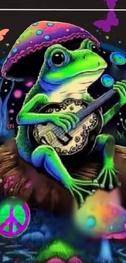 Psychedelic frog playing guitar on a vibrant background.