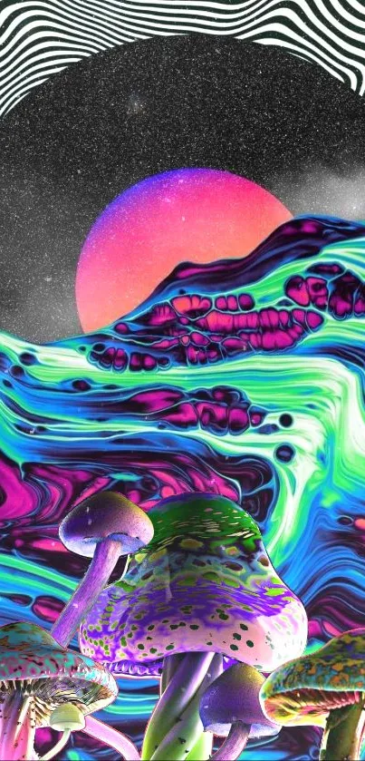 Psychedelic mushroom landscape with cosmic background, perfect for mobile wallpaper.