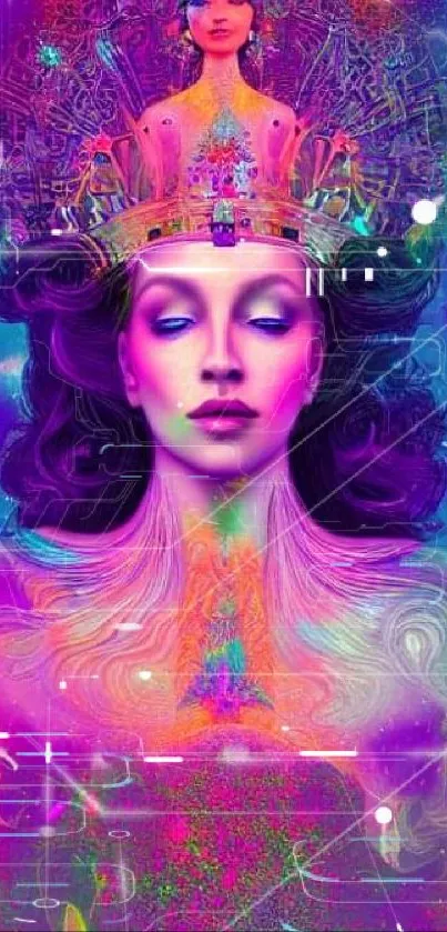 Vibrant psychedelic goddess art with cosmic hues and mystical elements.