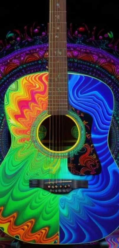 Psychedelic guitar art wallpaper with vibrant blue and green swirls.