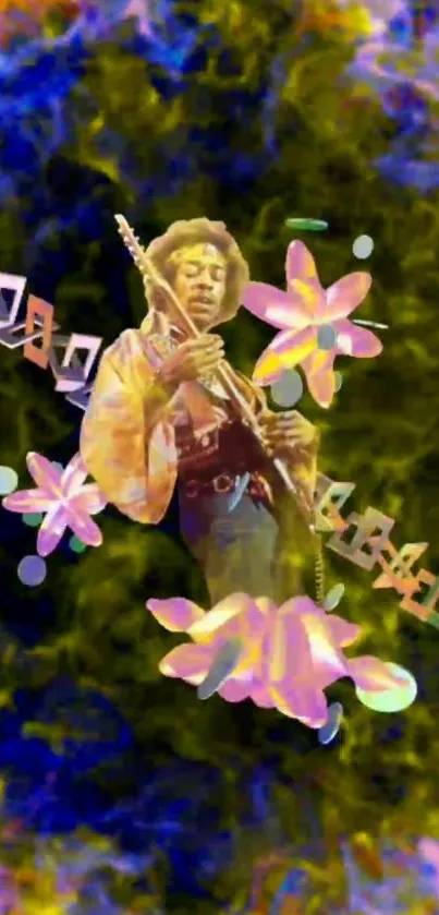 Psychedelic guitarist with flowers and musical notes, vibrant colors.