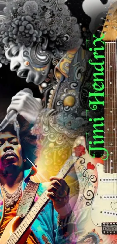Colorful psychedelic guitar artwork with vibrant patterns.