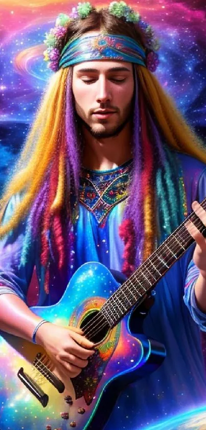 Psychedelic guitarist plays in a colorful galaxy.