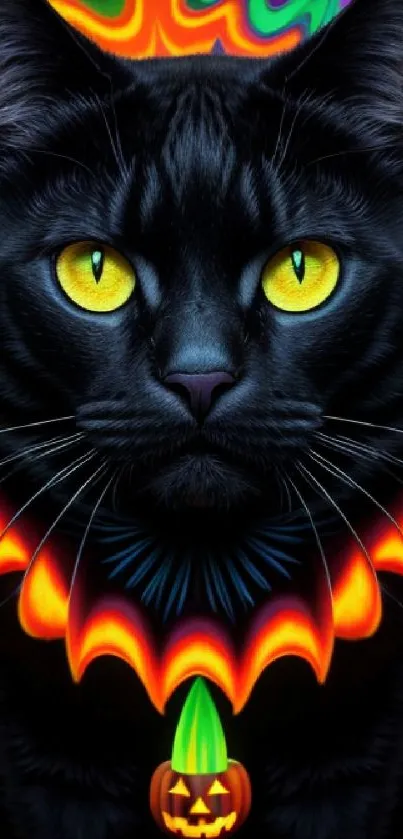 Psychedelic black cat with yellow eyes and colorful background.