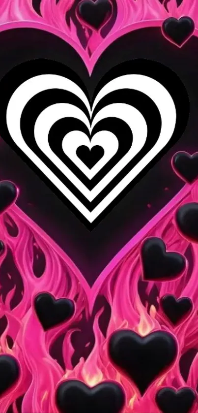 Psychedelic wallpaper with hearts and flames.