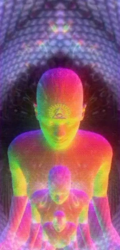 Psychedelic human figure reflecting in colorful abstract design.