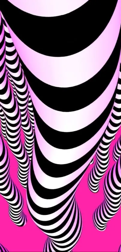 Hypnotic pink and black striped wallpaper with optical illusion effect.